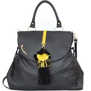 Braccialini fashion luxury dots black leather handbag with yellow rose pendant Best Deal in New York